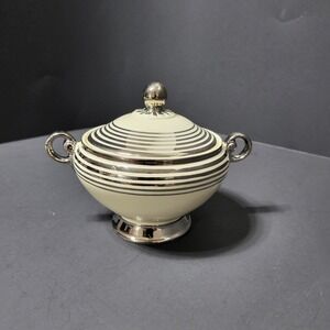 VTG Taylor Smith Taylor Art Deco Sugar Bowl Silver Platinum Stripes Cream 1935